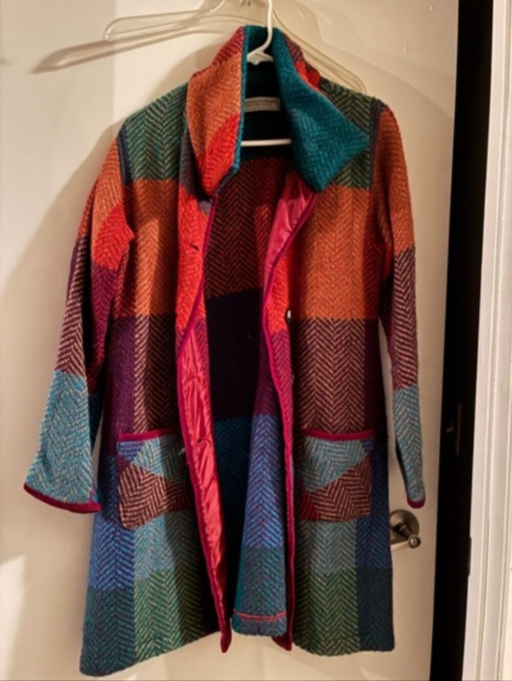 Aran Sweater MMulticolor Patchwork Wool Blend Coat - Vibrant Teal, Orange & Pink